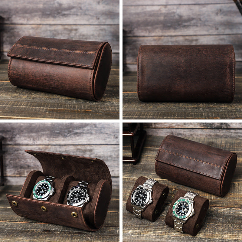 Vintage Crazy Horse Leather Double Watch Travel Case