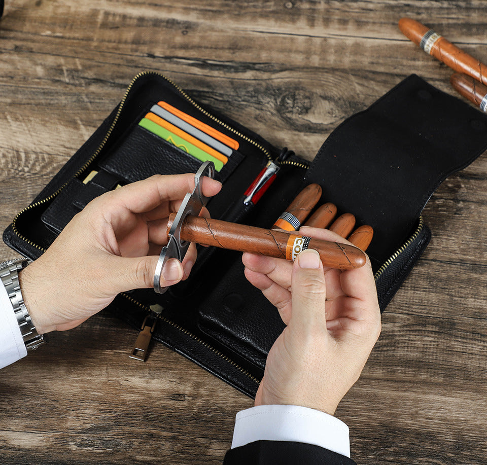 Genuine Leather Zipper Travel Cigar Case with Wrist Strap – Holds 5 Cigars