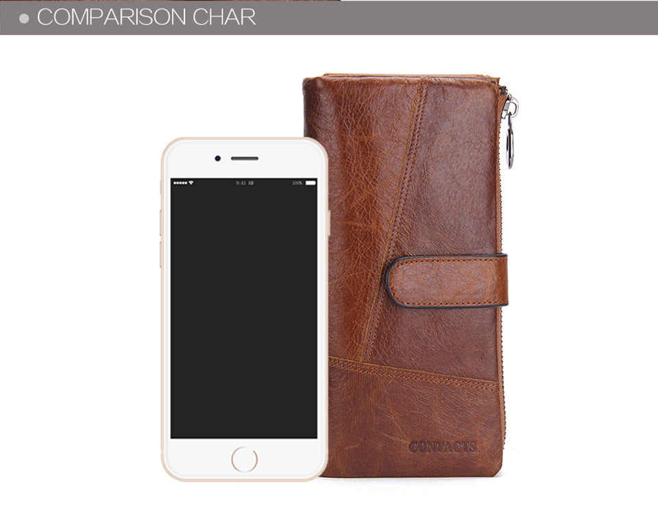 Men’s Top-Grain Cowhide Leather Long Clutch Wallet with Clasp Closure