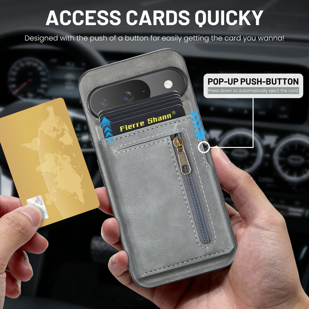 PU Leather Magnetic Pop-Up Card Wallet with Zipper Coin Pocket for Google Pixel