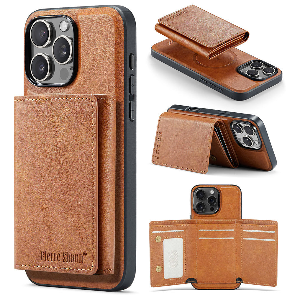 2-in-1 PU Leather MagSafe Case with Tri-Fold Wallet Stand for iPhone 11–17 Series