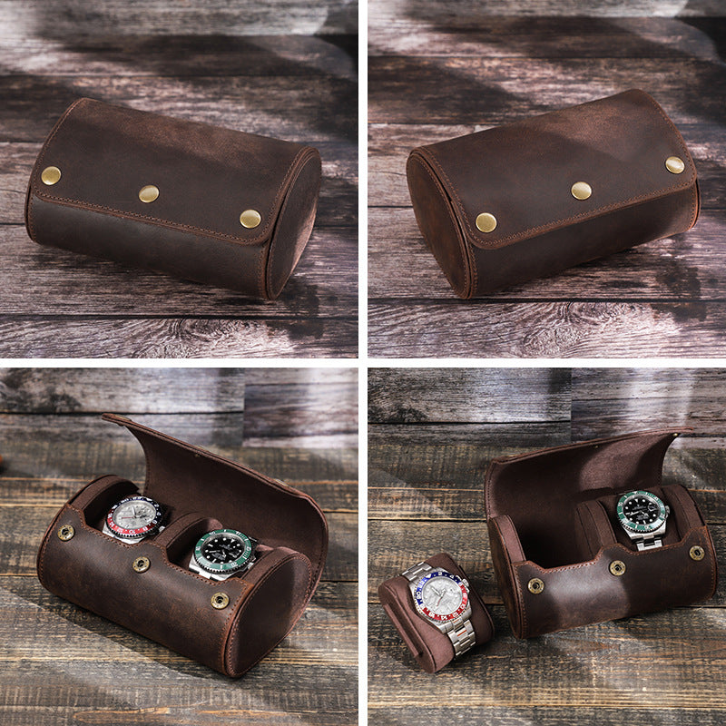 Vintage Crazy Horse Leather Travel Watch Roll for Two Watches
