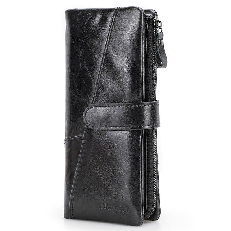 Men’s Cowhide Leather Tri-Fold Clutch Wallet with Clasp Closure