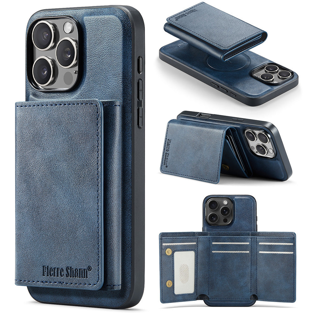 2-in-1 PU Leather MagSafe Case with Tri-Fold Wallet Stand for iPhone 11–17 Series