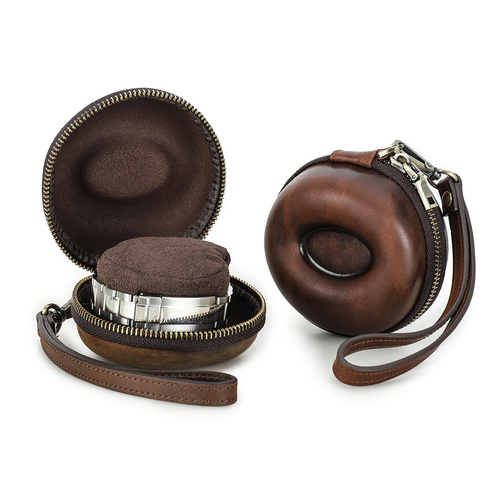 Vintage Leather Round Donut Watch Case for Single Watch Storage