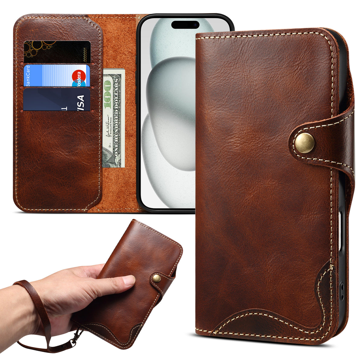 Retro Handmade Leather Wallet Case for iPhone 7-17 Pro Max