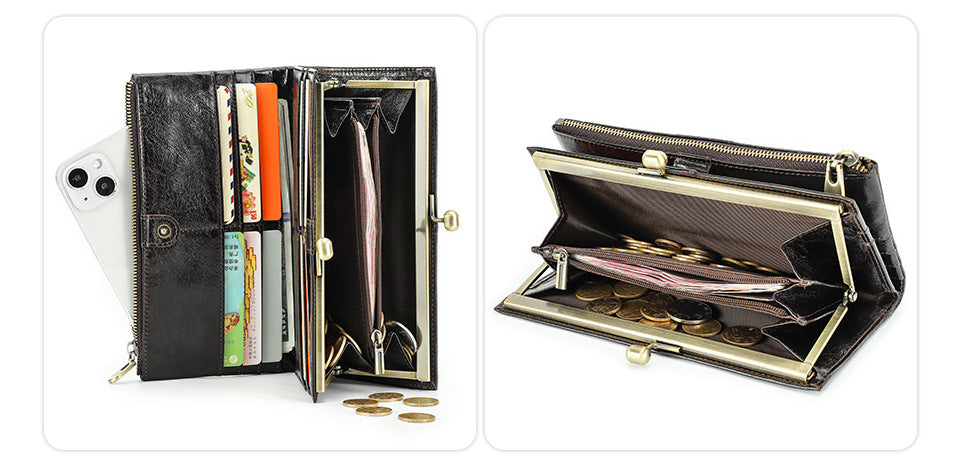 Top-Grain Cowhide Leather RFID-Blocking Long Wallet for Women with Metal Clasp