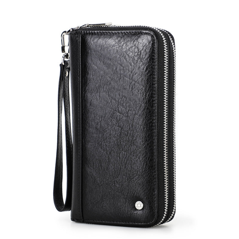 Men’s Vintage Crazy Horse Cowhide Double-Zip Clutch Wallet with Wrist Strap