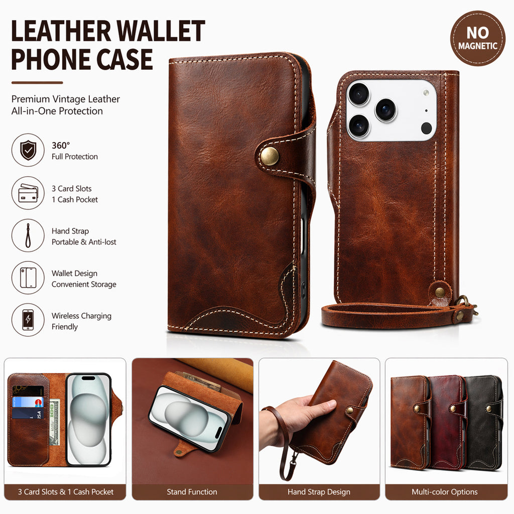 Retro Handmade Leather Wallet Case for iPhone 7-17 Pro Max