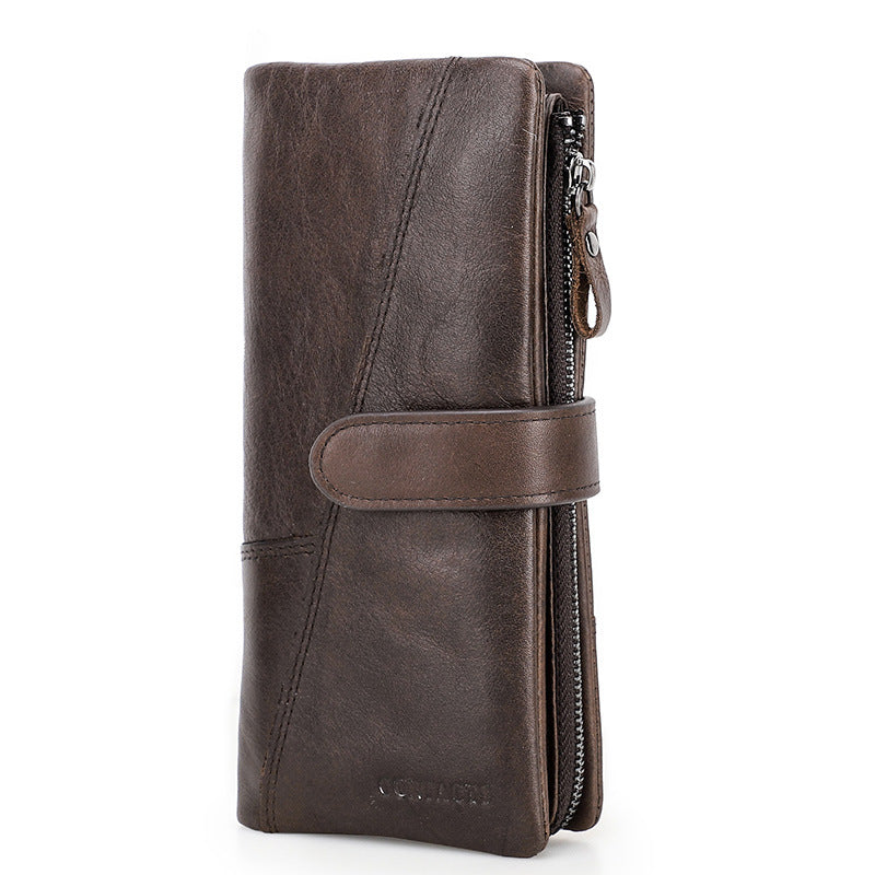 Men’s Cowhide Leather Tri-Fold Clutch Wallet with Clasp Closure