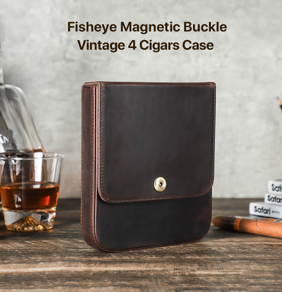 Brown Crazy Horse Leather Flip-Top Cigar Case with Magnetic Clasp – Holds 4 Cigars