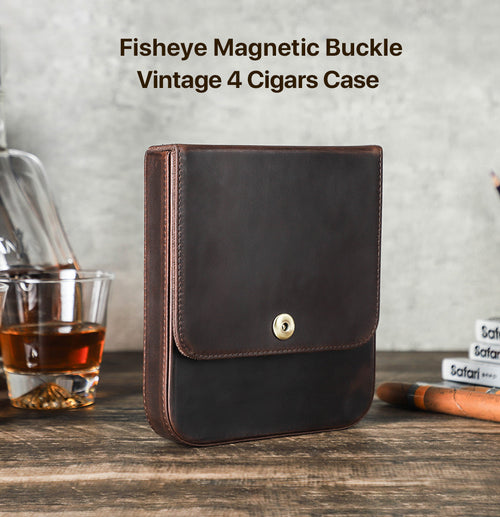 Brown Crazy Horse Leather Flip-Top Cigar Case with Magnetic Clasp – Holds 4 Cigars
