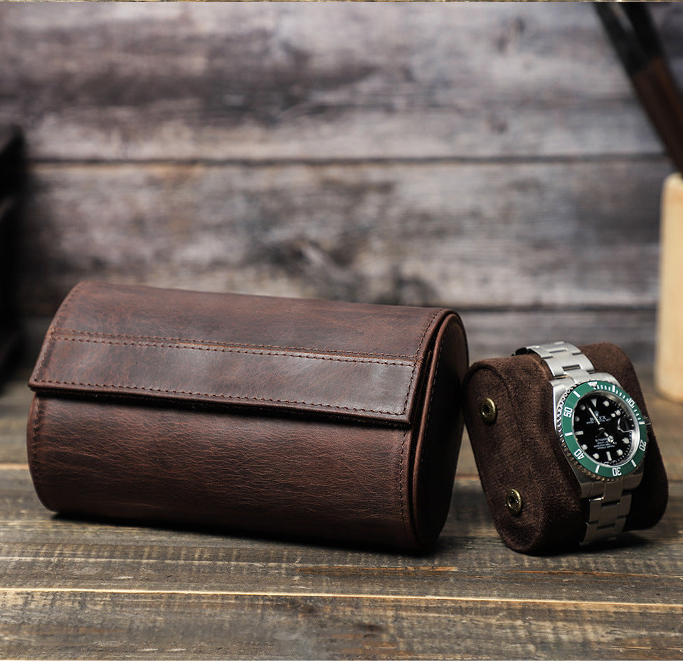 Vintage Crazy Horse Leather Double Watch Travel Case