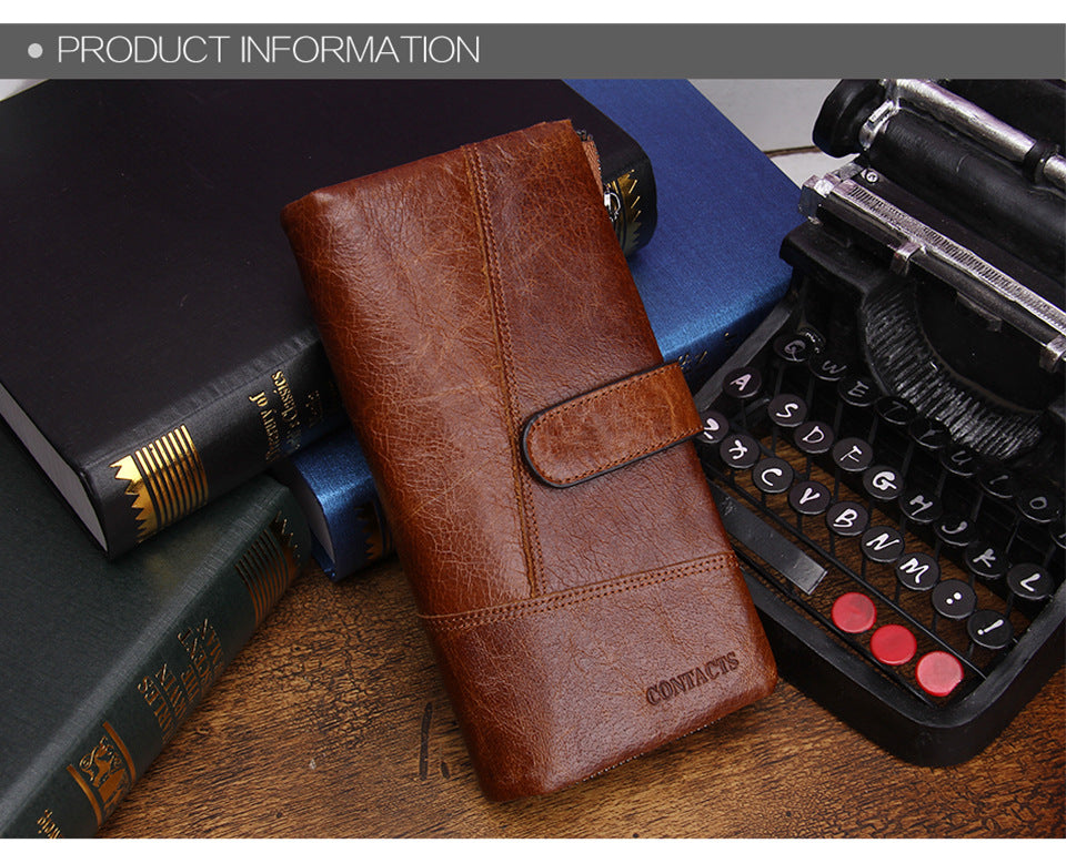 Men’s Top-Grain Cowhide Leather Long Clutch Wallet with Clasp Closure
