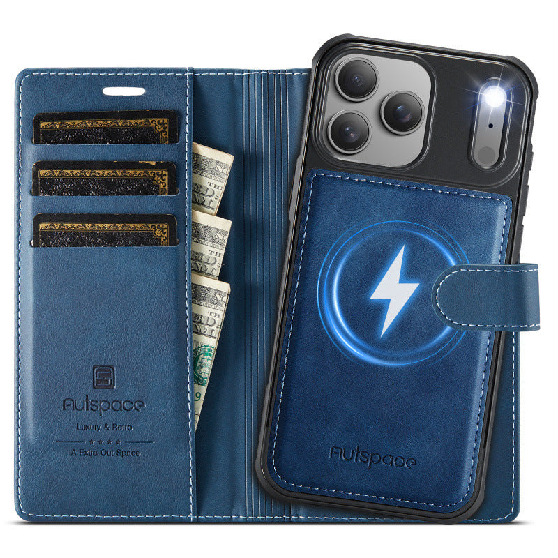 2-in-1 MagSafe-Compatible PU Leather Flip Case with Card Holder Stand for iPhone 12-17 series