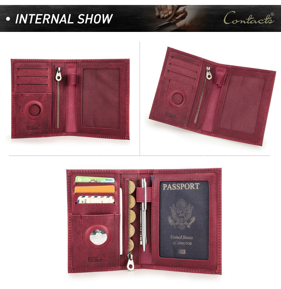 Black Vintage Crazy Horse Leather RFID-Blocking Family Passport Wallet with AirTag Pocket