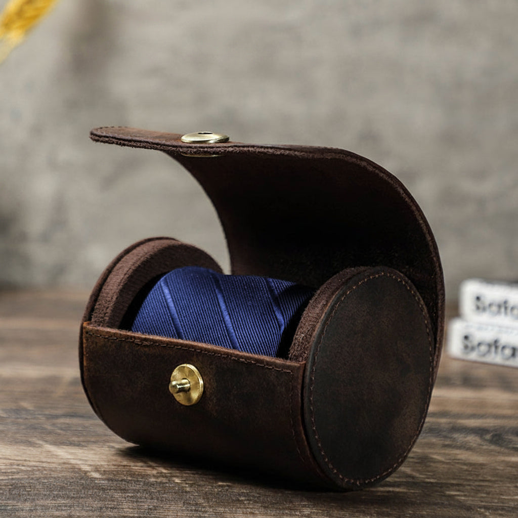 Handmade Genuine Leather Round Tie Travel Case with Magnetic Closure