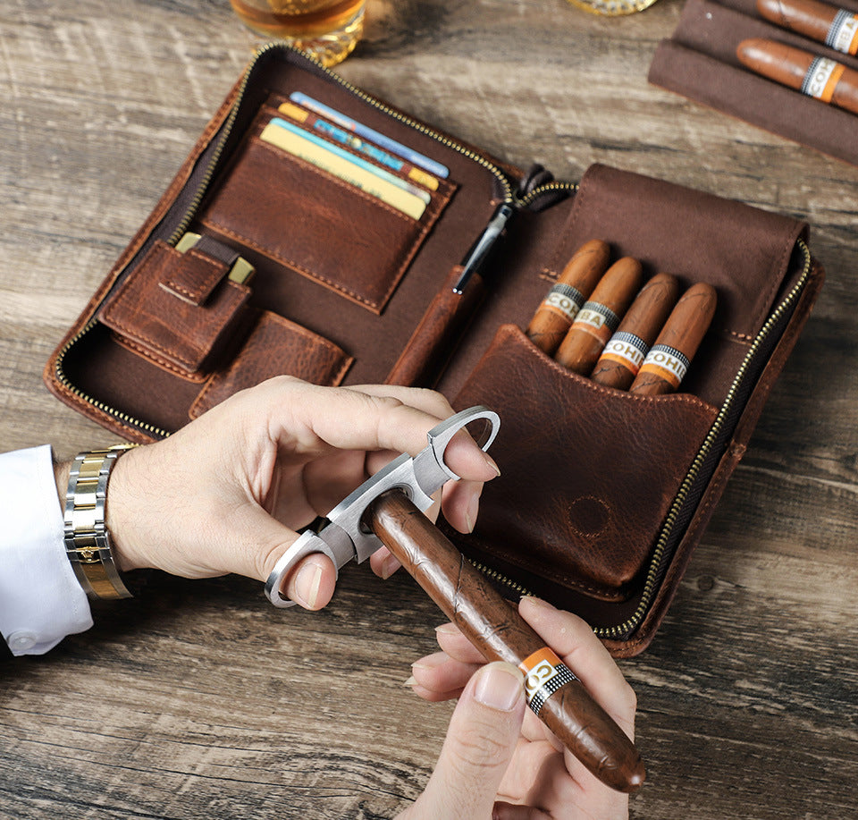 Genuine Leather Zipper Travel Cigar Case with Wrist Strap – Holds 5 Cigars