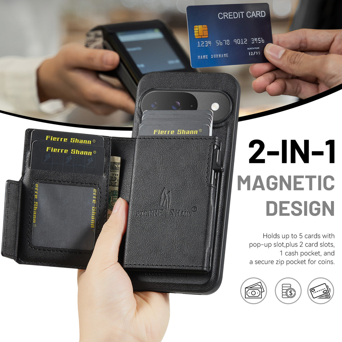 PU Leather Magnetic Pop-Up Card Wallet with Zipper Coin Pocket for Google Pixel