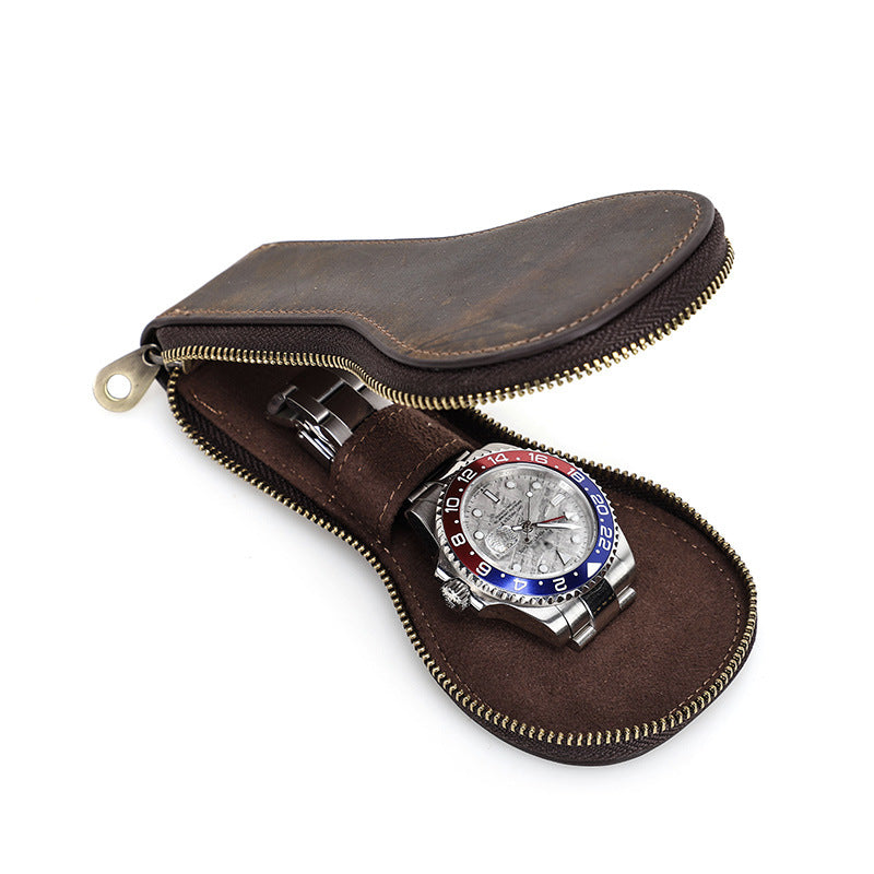 Retro Leather Single Watch Travel Case with Zipper Closure