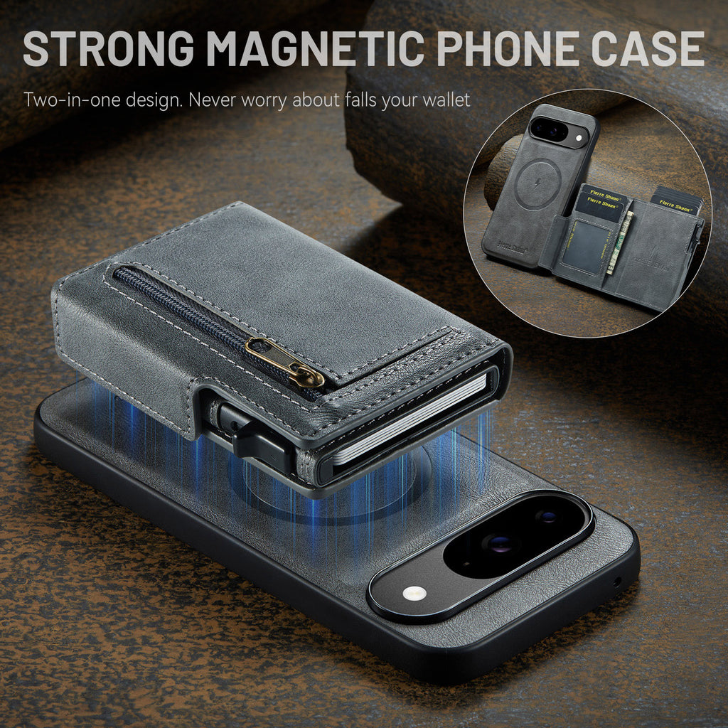 PU Leather Magnetic Pop-Up Card Wallet with Zipper Coin Pocket for Google Pixel