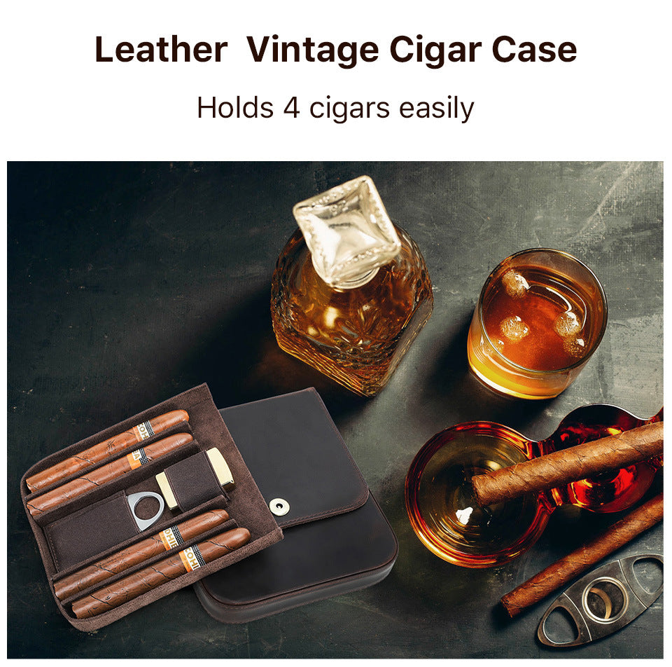 Brown Crazy Horse Leather Flip-Top Cigar Case with Magnetic Clasp – Holds 4 Cigars