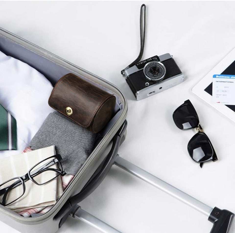 Handmade Genuine Leather Round Tie Travel Case with Magnetic Closure