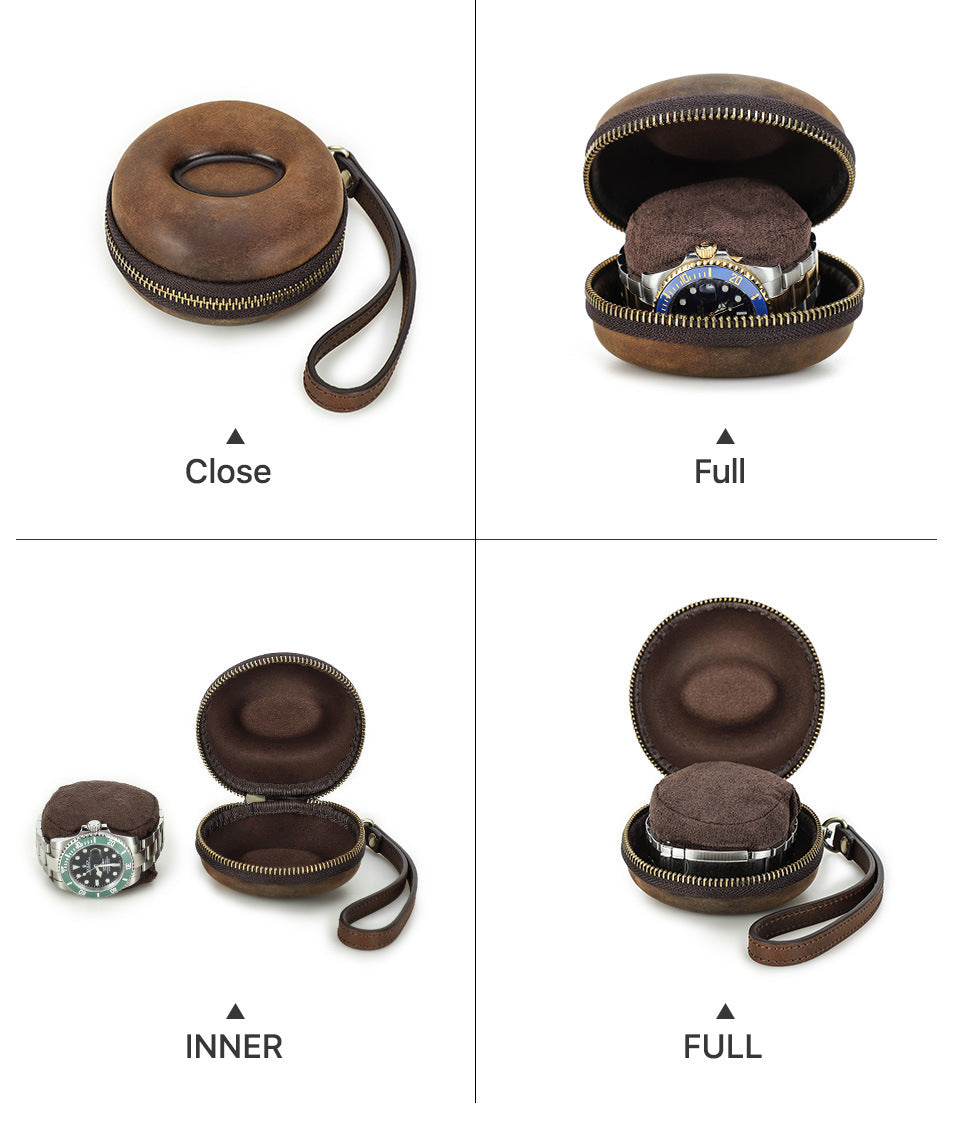 Vintage Leather Round Donut Watch Case for Single Watch Storage