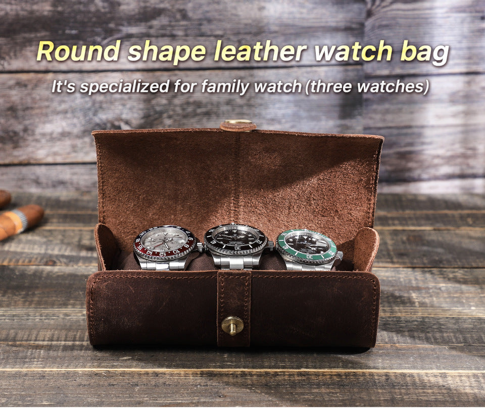 Vintage Crazy Horse Leather Watch Case with Round Clasp for Three Watches