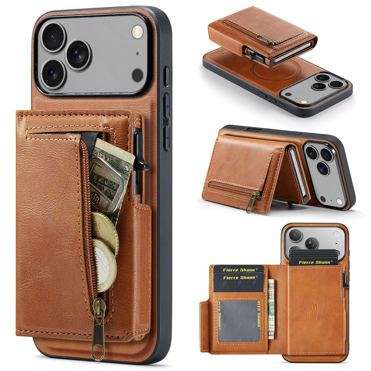 2-in-1 MagSafe PU Leather Case with Detachable Card Holder Stand for iPhone 11-17 Series