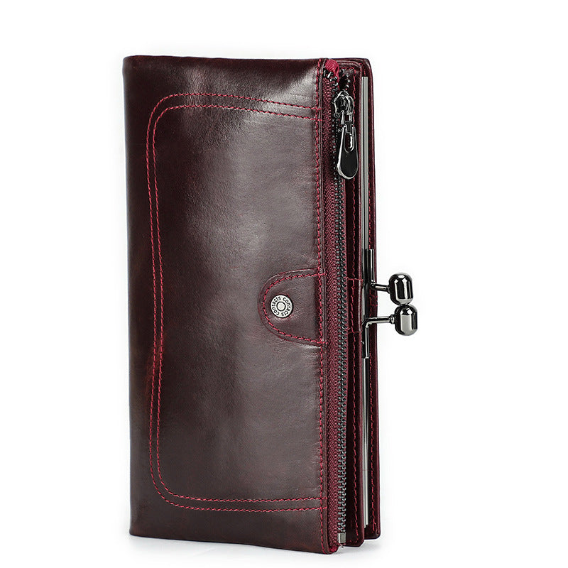 Top-Grain Cowhide Leather RFID-Blocking Long Wallet for Women with Metal Clasp