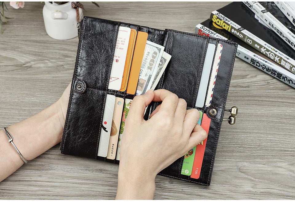 Top-Grain Cowhide Leather RFID-Blocking Long Wallet for Women with Metal Clasp