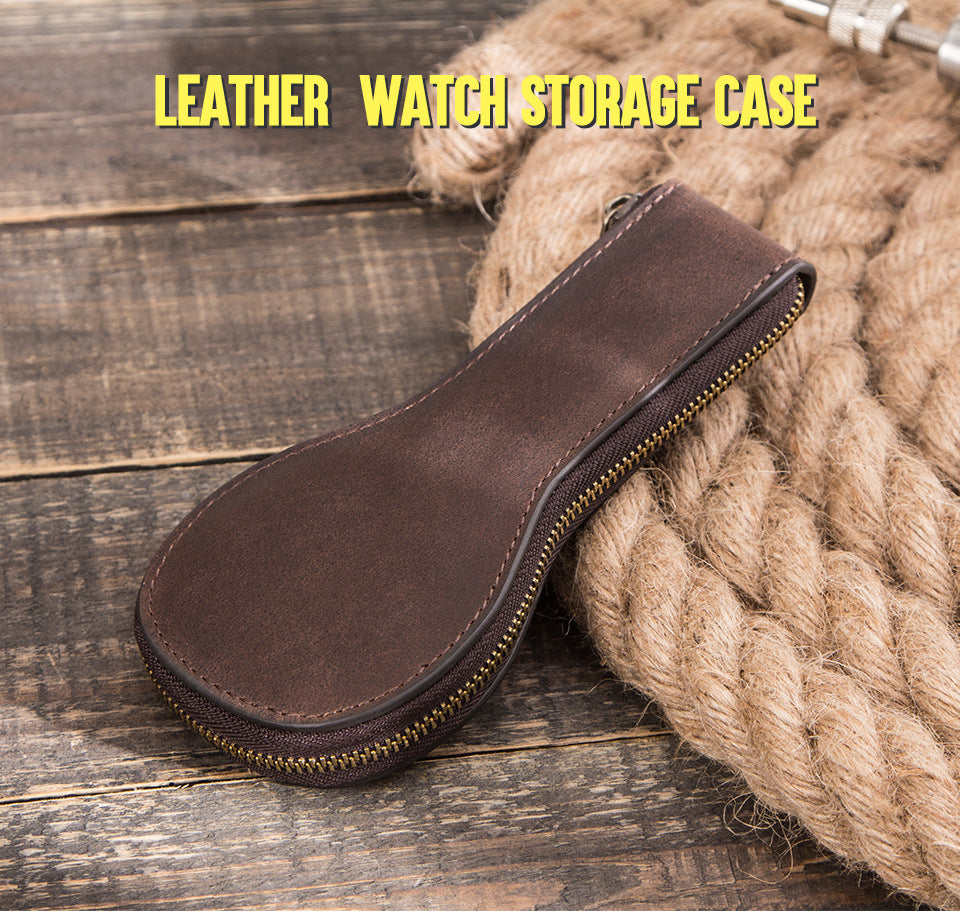 Retro Leather Single Watch Travel Case with Zipper Closure