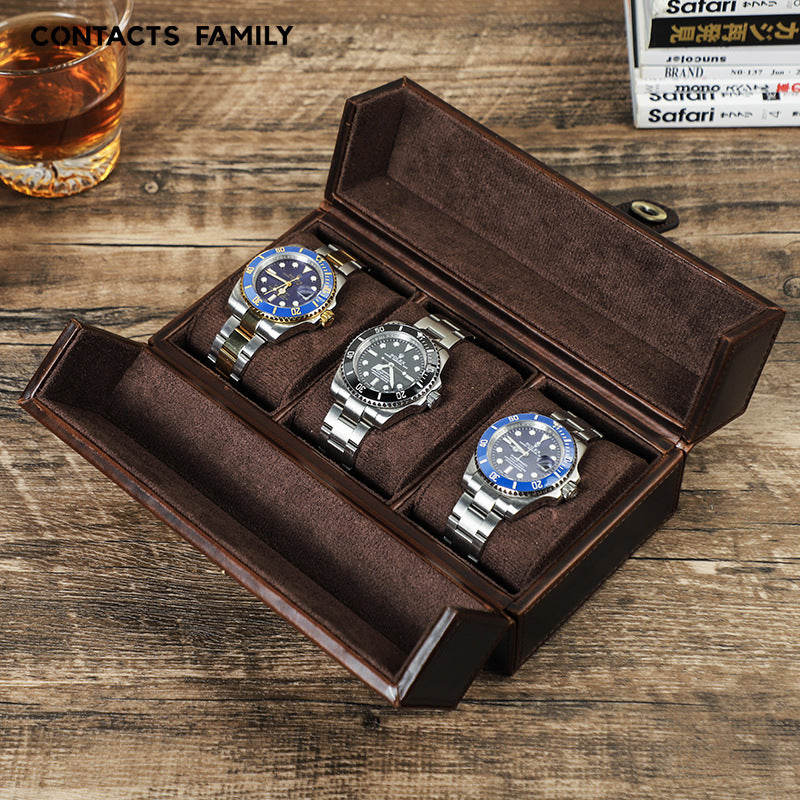 Vintage Crazy Horse Leather Travel Watch Square Case with Magnetic Clasp for Three Watches
