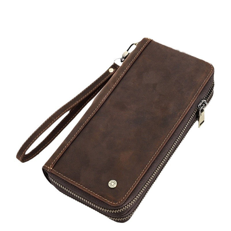 Men’s Vintage Crazy Horse Cowhide Double-Zip Clutch Wallet with Wrist Strap
