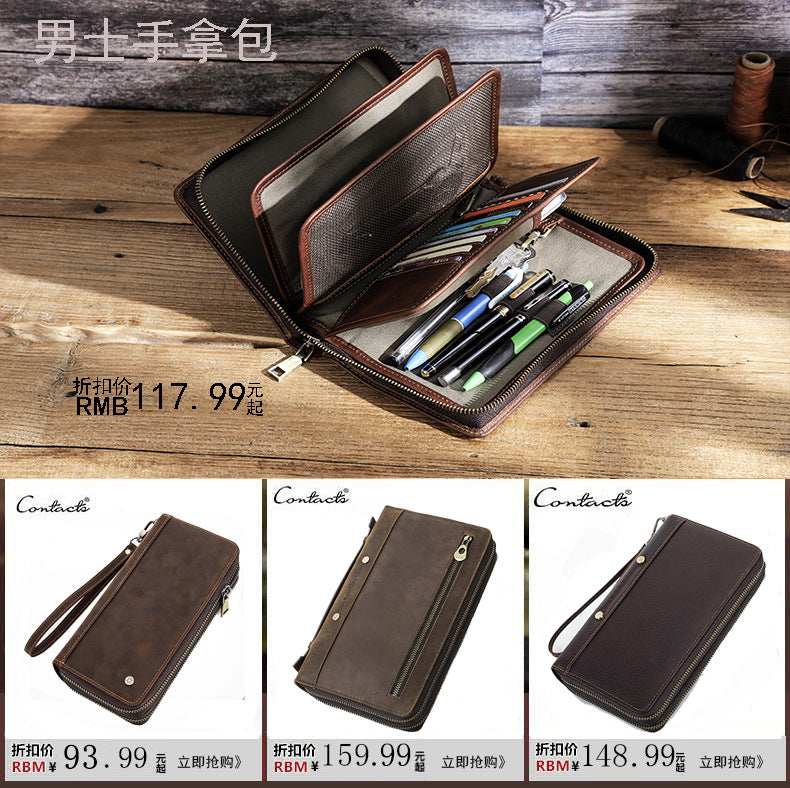 Men’s Vintage Crazy Horse Cowhide Double-Zip Clutch Wallet with Wrist Strap