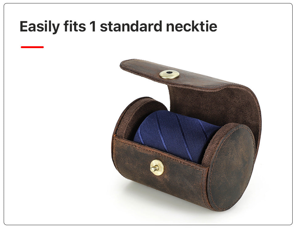 Handmade Genuine Leather Round Tie Travel Case with Magnetic Closure