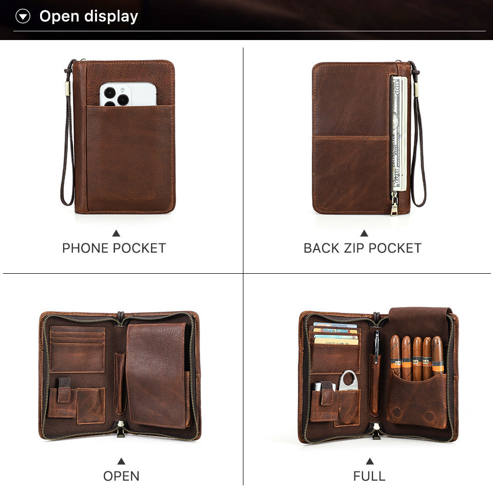 Genuine Leather Zipper Travel Cigar Case with Wrist Strap – Holds 5 Cigars