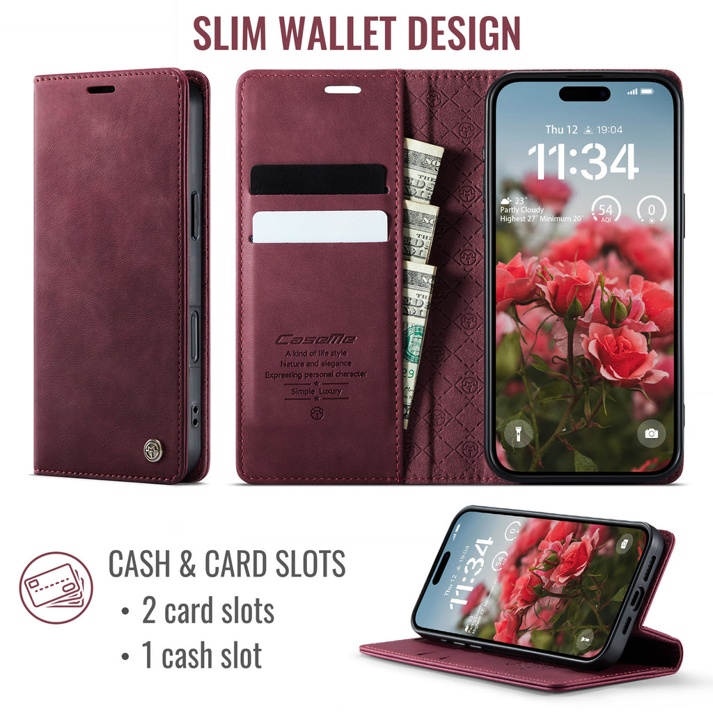 PU Leather Flip Wallet Case with Card Holder for iPhone 12–17 Series