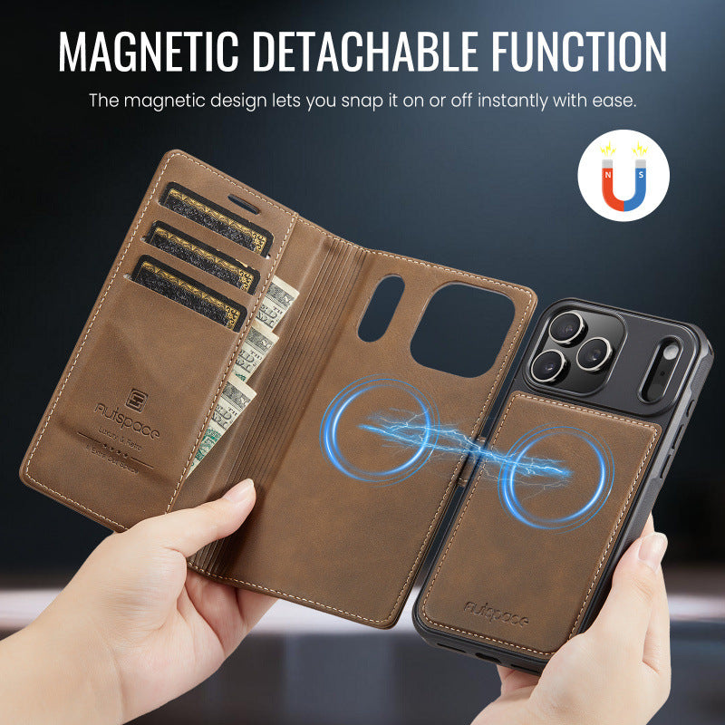 2-in-1 MagSafe-Compatible PU Leather Flip Case with Card Holder Stand for iPhone 12-17 series