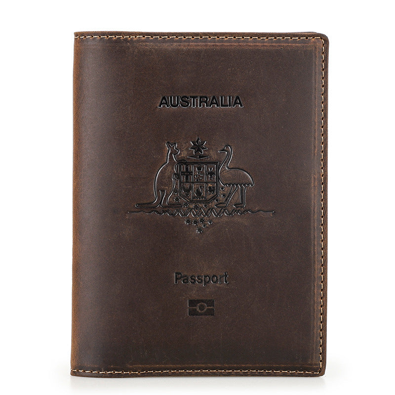 Black Vintage Crazy Horse Leather RFID-Blocking Family Passport Wallet with AirTag Pocket