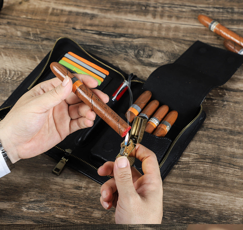 Genuine Leather Zipper Travel Cigar Case with Wrist Strap – Holds 5 Cigars