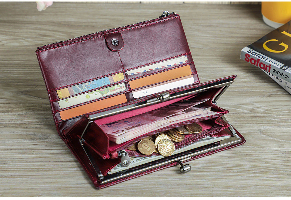 Top-Grain Cowhide Leather RFID-Blocking Long Wallet for Women with Metal Clasp