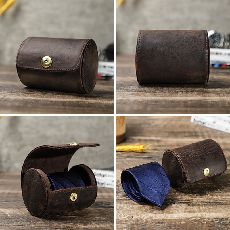 Handmade Genuine Leather Round Tie Travel Case with Magnetic Closure