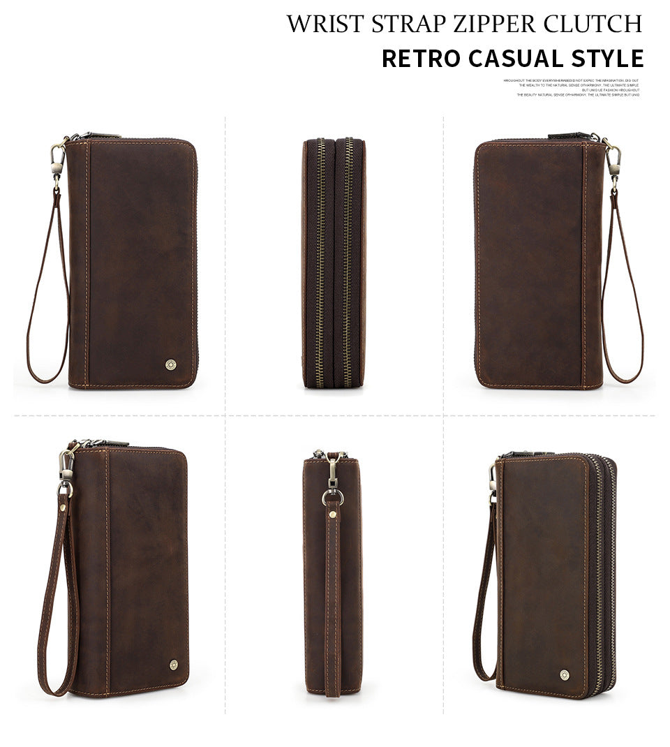 Men’s Vintage Crazy Horse Cowhide Double-Zip Clutch Wallet with Wrist Strap