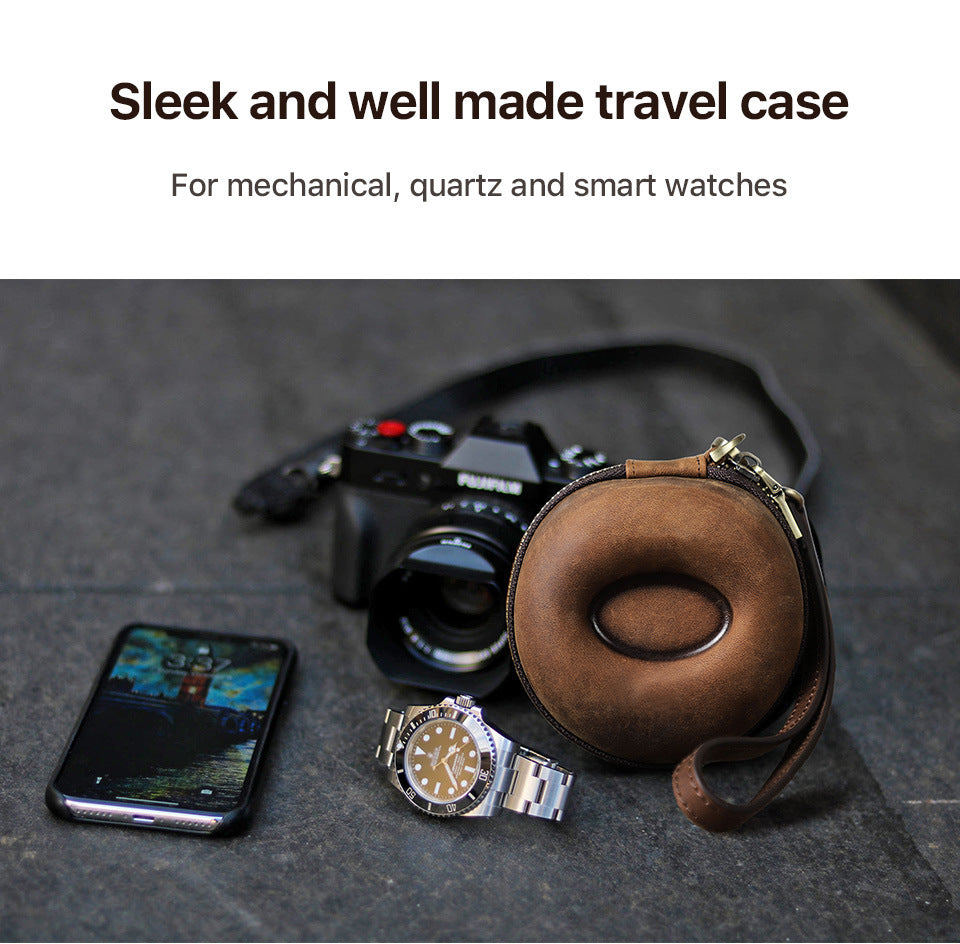 Vintage Leather Round Donut Watch Case for Single Watch Storage
