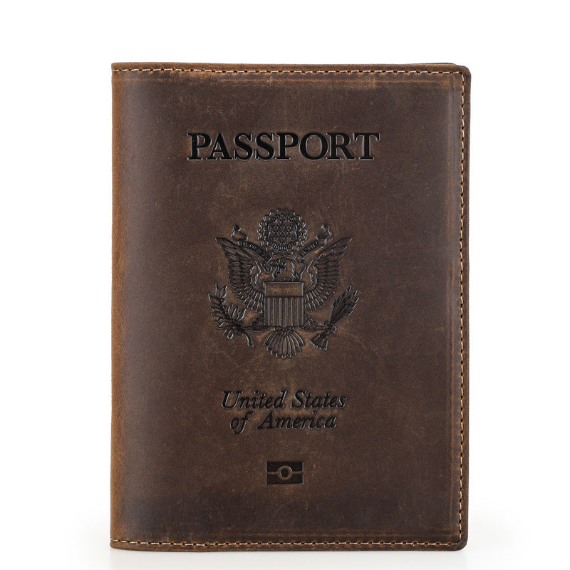 Black Vintage Crazy Horse Leather RFID-Blocking Family Passport Wallet with AirTag Pocket