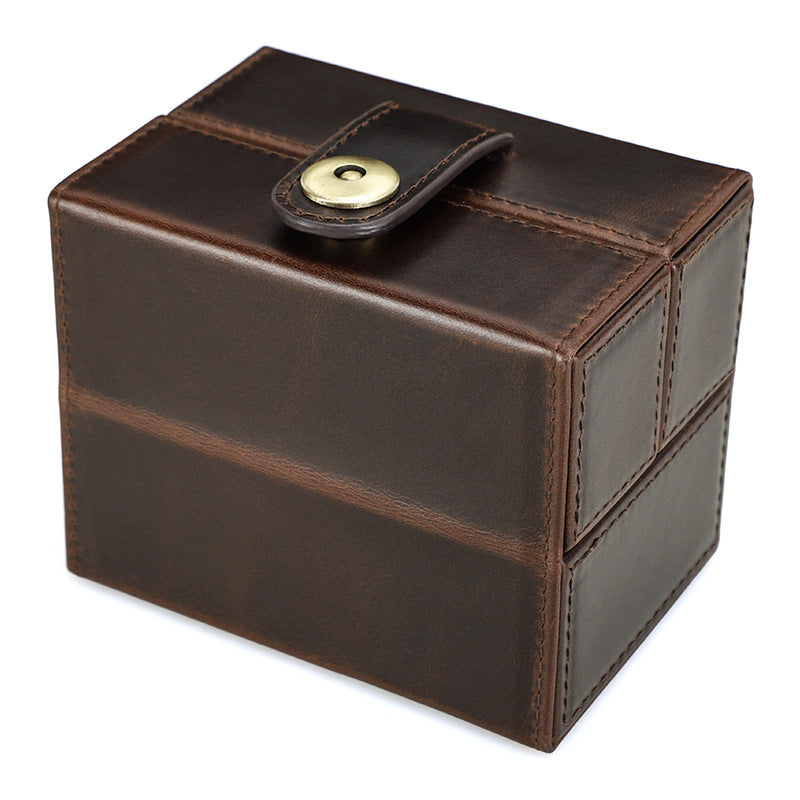 Retro Brown Crazy Horse Double Open Leather Watch Case with Magnetic Clasp