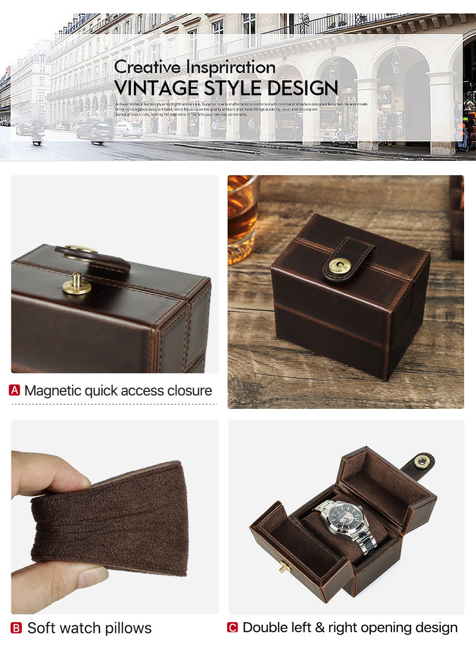 Retro Brown Crazy Horse Double Open Leather Watch Case with Magnetic Clasp