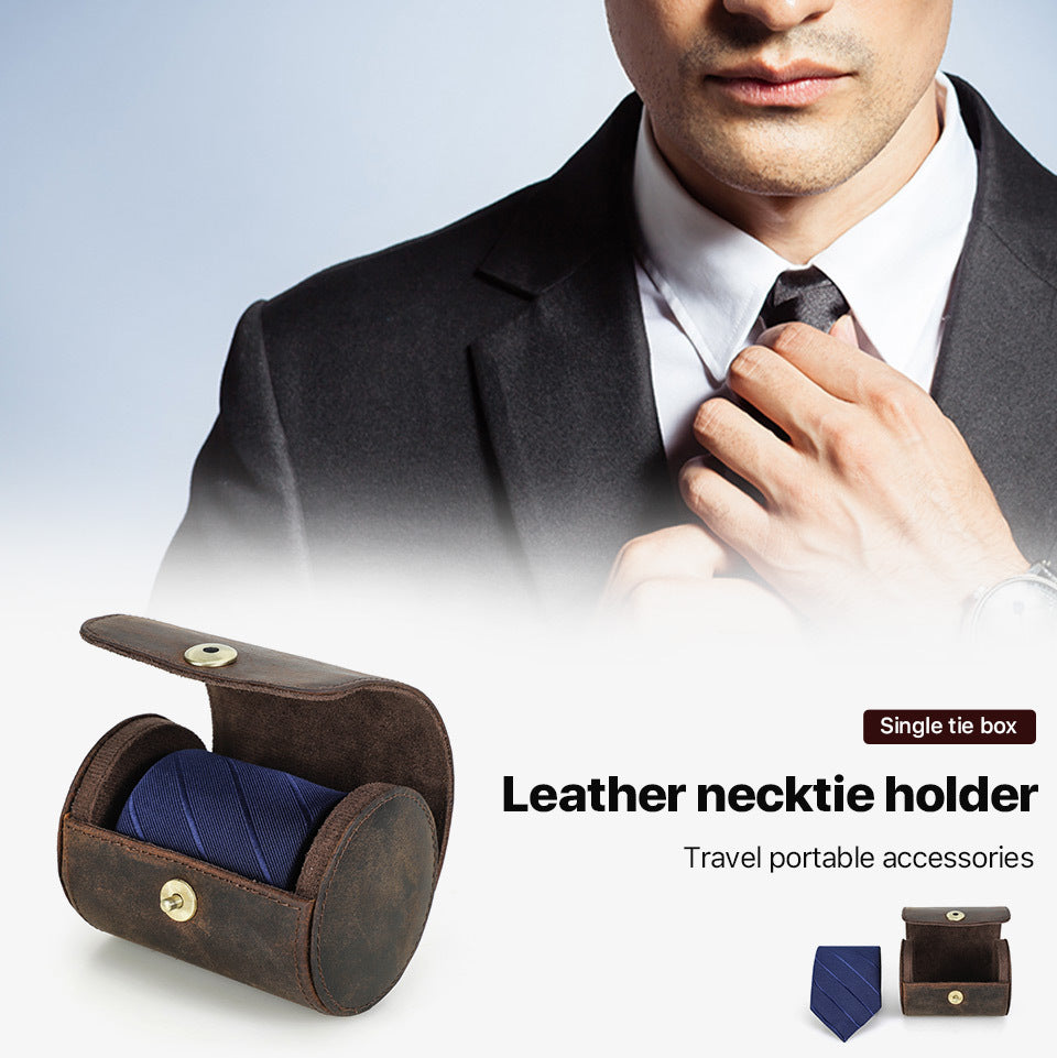 Handmade Genuine Leather Round Tie Travel Case with Magnetic Closure